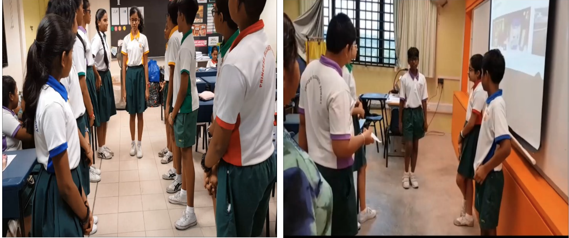 Students in school uniforms stand in two classroom scenes, one group in a circle and another near a projector screen.